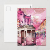 Illustratie van stadsgezicht met roze trolleywagen briefkaart (Voorkant / Achterkant)