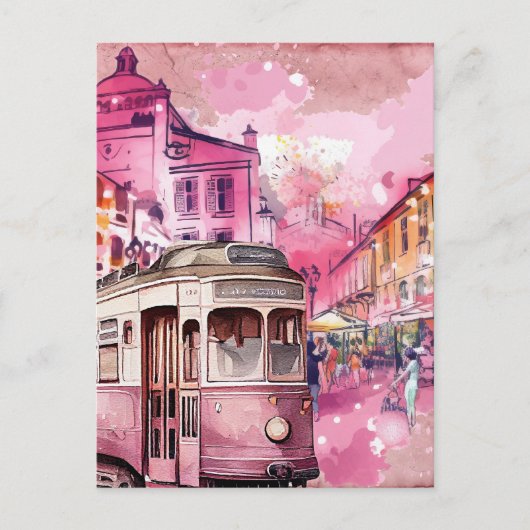 Illustratie van stadsgezicht met roze trolleywagen briefkaart (Voorkant)