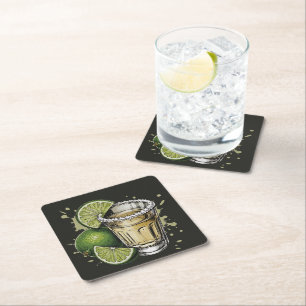 Illustratie van Tequila Shot met Zoutrand en Limoe Kartonnen Onderzetters
