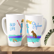 Illustratie van tienermeisje en hond op paddleboar