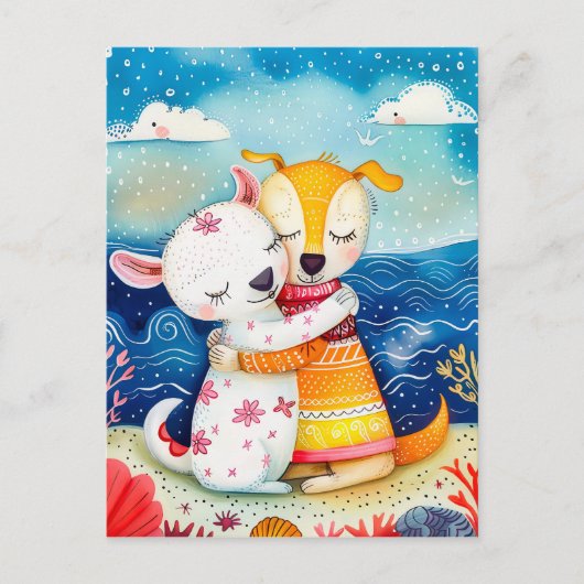 Illustratie van twee honden die op het strand spel briefkaart (Voorkant)