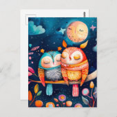 Illustratie van uilen die 's nachts in het bos knu briefkaart (Voorkant / Achterkant)