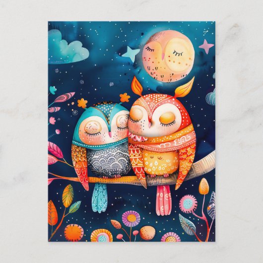 Illustratie van uilen die 's nachts in het bos knu briefkaart (Voorkant)