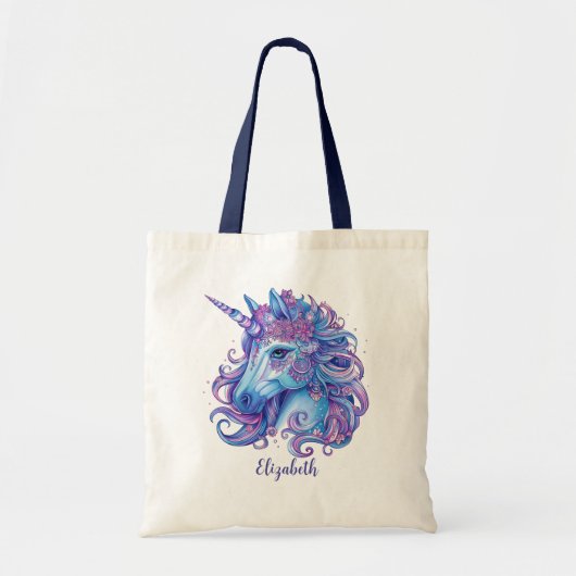 Illustratie van Unicorn Blue Lila Roze Tote Bag (Voorkant)