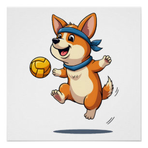 Illustratie van vintage Corgi volleybal Cute hond Perfect Poster