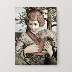Illustratie van vintage geisha-kimono-waaier button