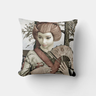 Illustratie van vintage geisha-kimono-waaier kussen