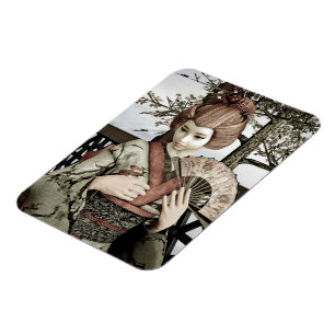 Illustratie van vintage geisha-kimono-waaier magneet