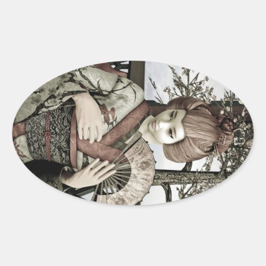 Illustratie van vintage geisha-kimono-waaier ovale sticker (Voorkant)