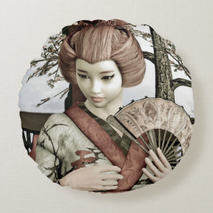 Illustratie van vintage geisha-kimono-waaier rond kussen