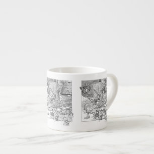 Illustratie van vintage kat en ondeugende muizen espresso kop