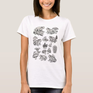 Illustratie van vintage kikker- en paddestoelgravu t-shirt