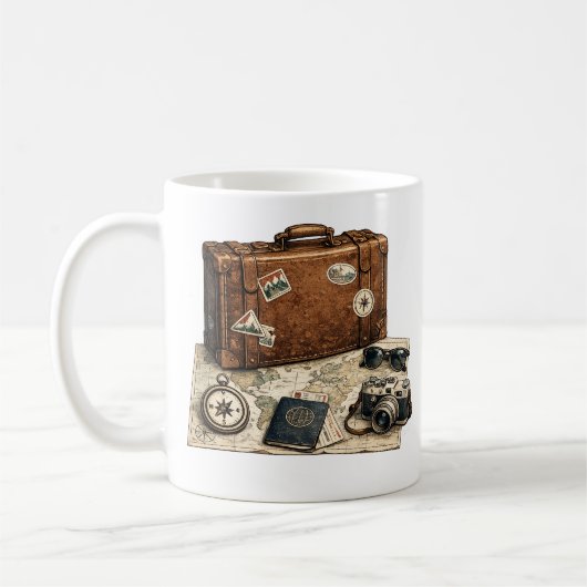 Illustratie van vintage reisessentials koffiemok (Links)