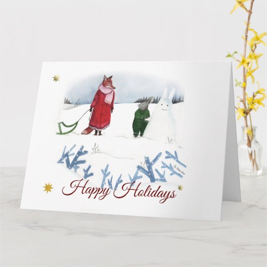 Illustratie van vos en konijn in de winter met Ker Kaart (Gele Bloem)
