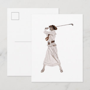 Illustratie van vrouw die golf speelt in vintage s briefkaart