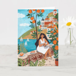 Illustratie van vrouw in zeekrant café op wenskaar kaart