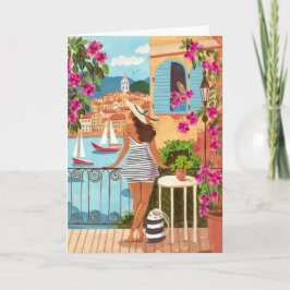 Illustratie van vrouw op balkon aan zee Wenskaart Kaart