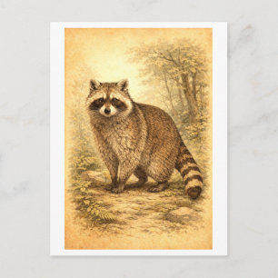 Illustratie van wasbeer in bos in vintage stijl briefkaart