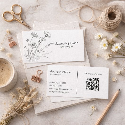 Illustratie van wilde bloem met QR-code visitekaar Visitekaartje