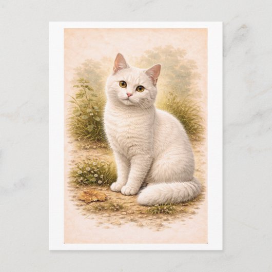 Illustratie van witte kat in vintage stijl briefkaart (Voorkant)