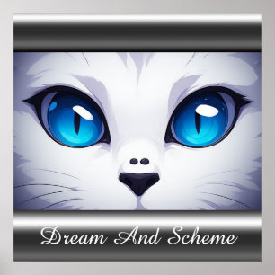 Illustratie van witte kat met levendige blauwe oge poster