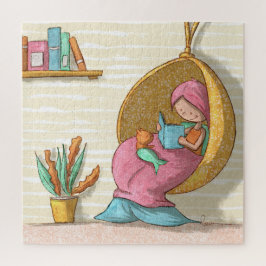Illustratie van zeemeermin die leest met kat legpuzzel