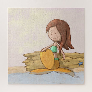 Illustratie van zeemeermin op het strand bij zonso legpuzzel