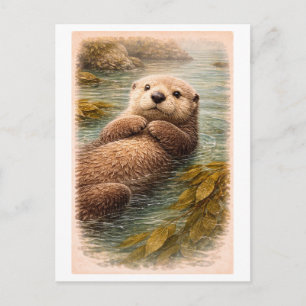 Illustratie van zeeotter in vintage stijl briefkaart