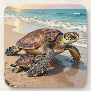 Illustratie van zeeschildpad en baby op het strand bier onderzetter