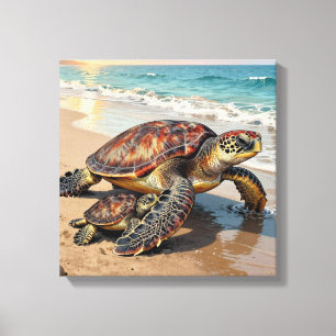 Illustratie van zeeschildpad en baby op het strand canvas afdruk