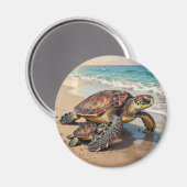 Illustratie van zeeschildpad en baby op het strand magneet (Voorkant / Achterkant)