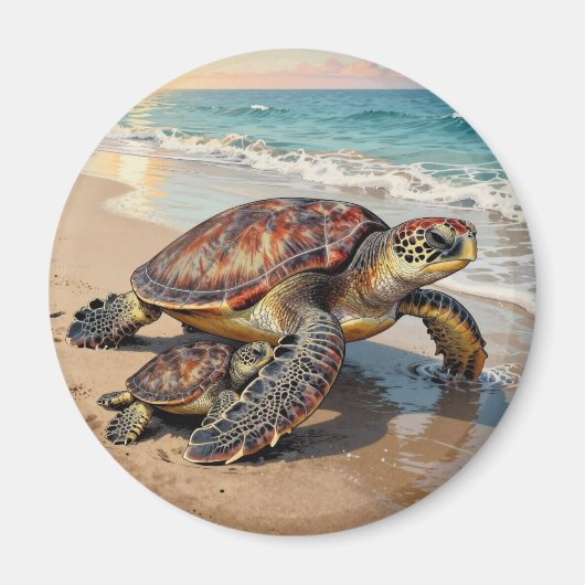 Illustratie van zeeschildpad en baby op het strand magneet (Voorkant)