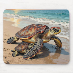 Illustratie van zeeschildpad en baby op het strand muismat