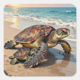 Illustratie van zeeschildpad en baby op het strand vierkante sticker