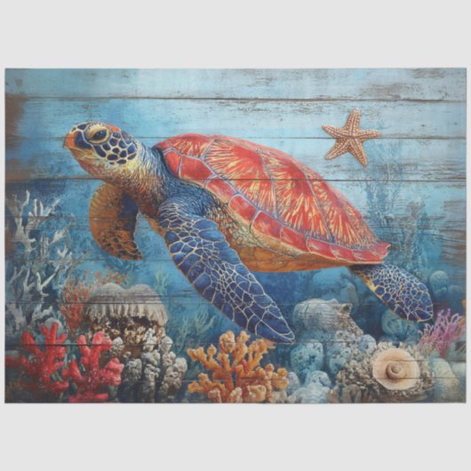 Illustratie van zeeschildpad op houten decoupage tissuepapier (Voorkant)