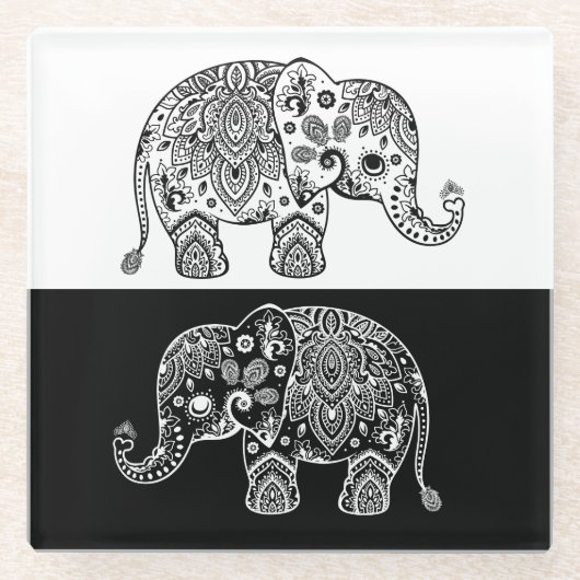 Illustratie van zwart-wit Paisley Elephant Glazen Onderzetter (Voorkant)