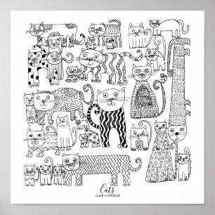 Illustratie van zwart-witte katten poster