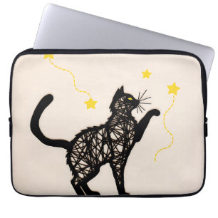 Illustratie van Zwarte Kat met Speelse Sterren Laptop Sleeve