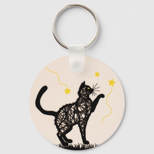 Illustratie van Zwarte Kat met Speelse Sterren Sleutelhanger (Voorkant)