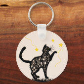 Illustratie van Zwarte Kat met Speelse Sterren Sleutelhanger (Voorkant)