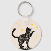 Illustratie van Zwarte Kat met Speelse Sterren Sleutelhanger (Achterkant)