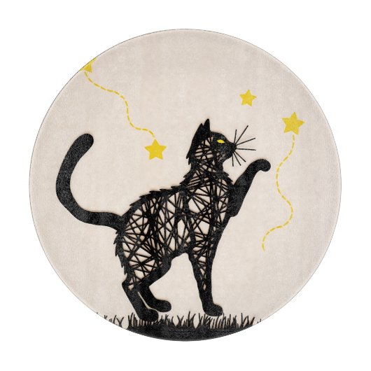 Illustratie van Zwarte Kat met Speelse Sterren Snijplank (Voorkant)