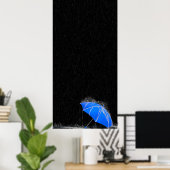 Illustratie Verloren Blauwe Umbrella in Regen Poster (Thuiskantoor)