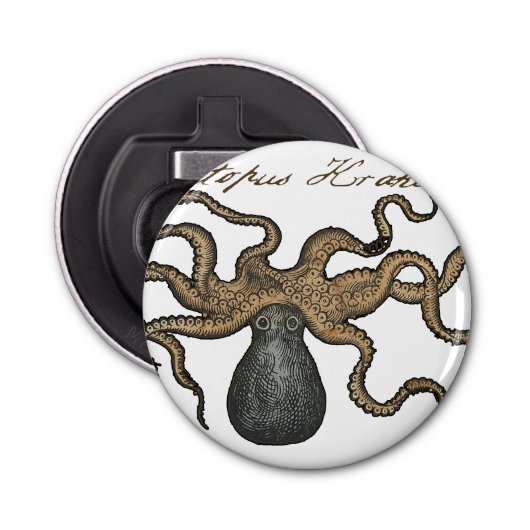 Illustratie Vintage Octopus Kraken Button Flesopener (Voorkant)