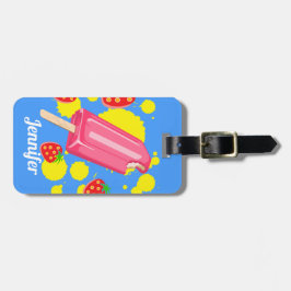 Illustratie vun roze papegaai en aardbeien bagagelabel