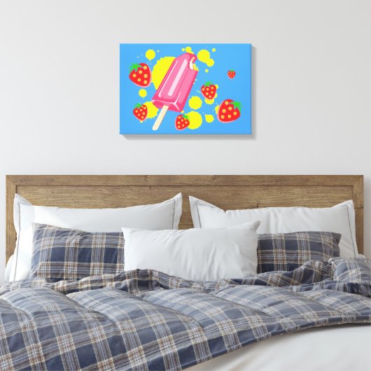Illustratie vun roze papegaai en aardbeien canvas afdruk (Insitu (Slaapkamer))