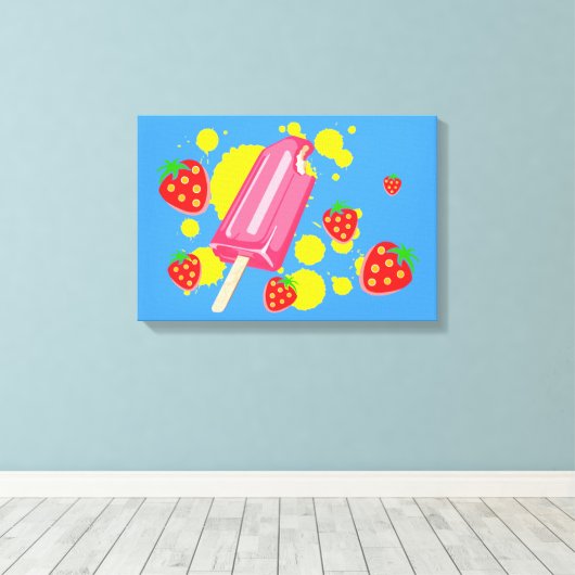 Illustratie vun roze papegaai en aardbeien canvas afdruk (Insitu (Houten vloer))