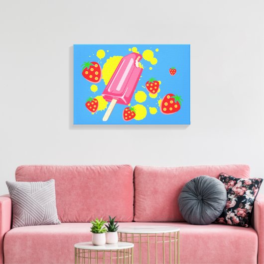 Illustratie vun roze papegaai en aardbeien canvas afdruk (Insitu (Woonkamer))
