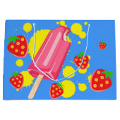 Illustratie vun roze papegaai en aardbeien groot cadeauzakje (Voorkant)