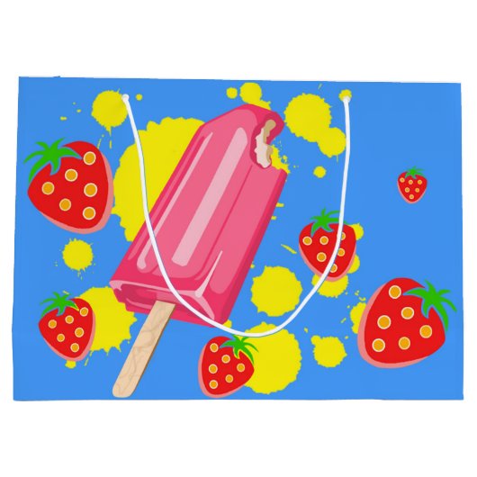 Illustratie vun roze papegaai en aardbeien groot cadeauzakje (Achterkant)